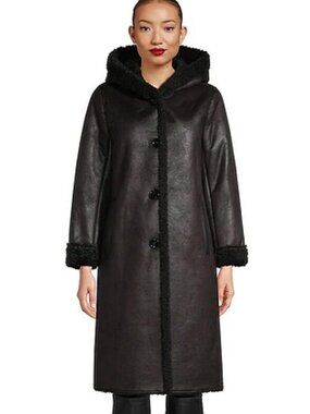 Calvin Klein Faux Shearling Hooded Coat Women's Size Large Black